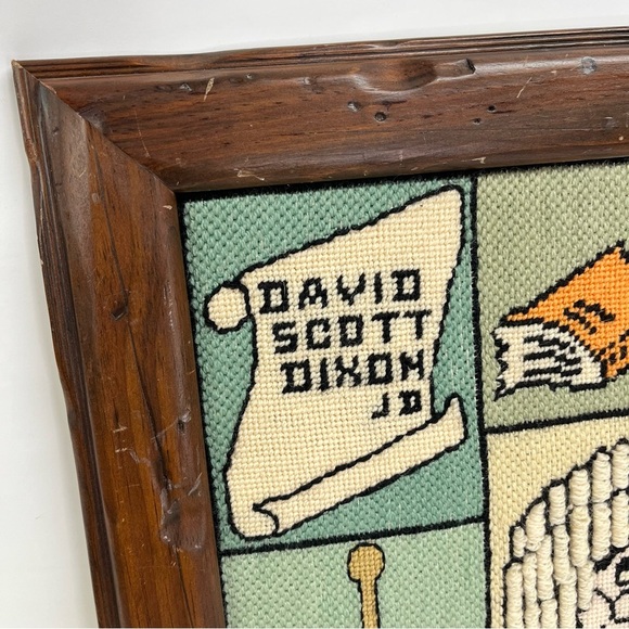 Vintage 70s Framed Crewel Embroidery Picture judge Dixon green brown - Picture 2 of 6